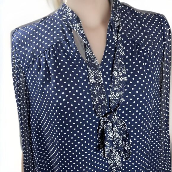 Anthropologie Dress 11 1 Tylho Isla‎ Polka Dot Floral Navy Sheer Tie Neck Mod - Picture 2 of 13